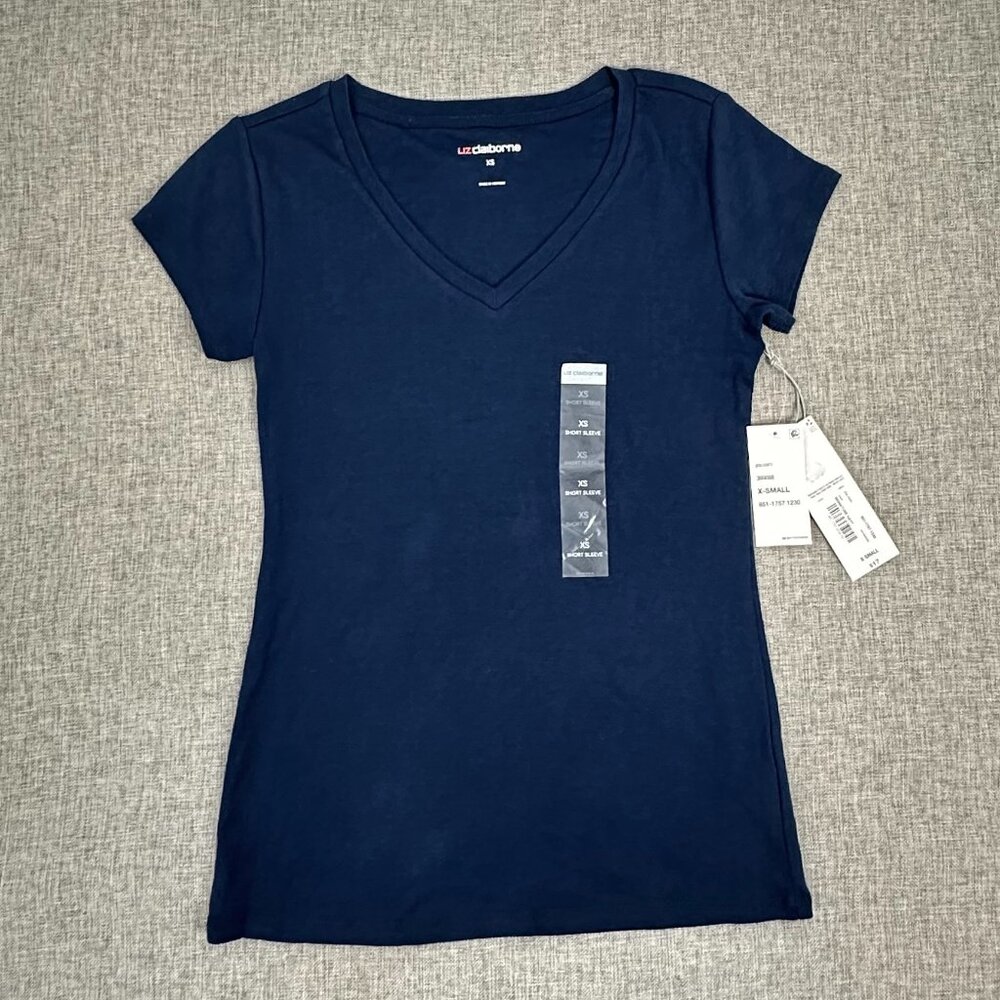 Liz Claiborne Womens Basic Navy Blue Top XS Cotton V-Neck‎ Short Sleeve